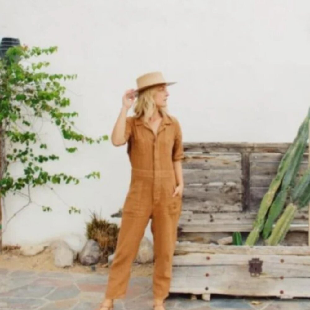 Mate the label brown, short sleeve jumpsuit linen